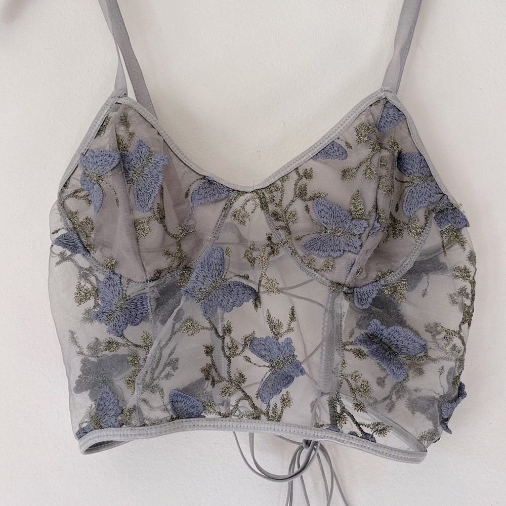 Blue Mesh Embroidered Butterfly Longline Bralette Size Medium